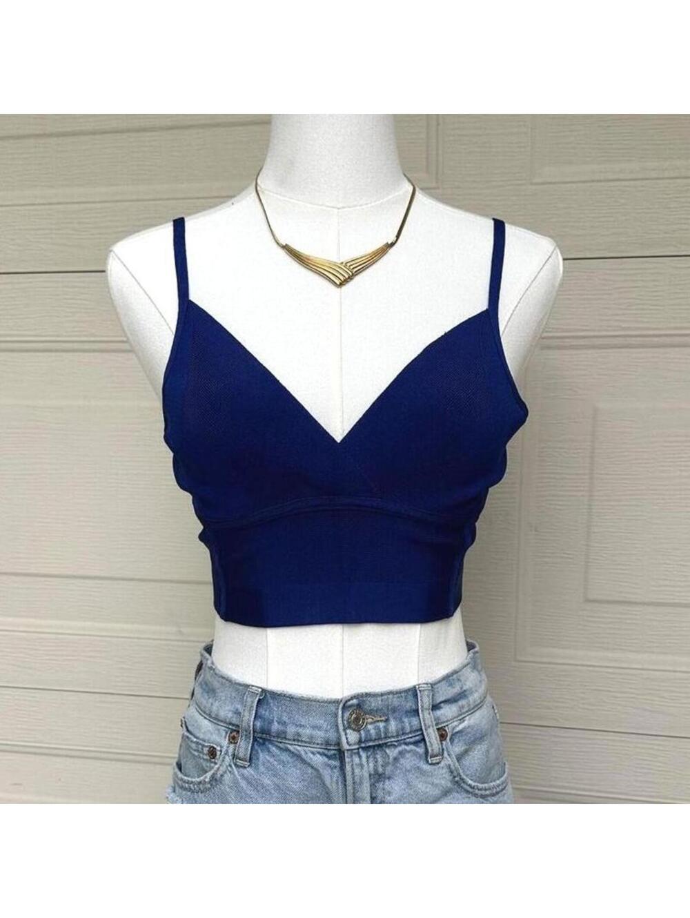 bebe Navy Blue Cropped Wrap Spaghetti Strap Top Bodycon (XS)